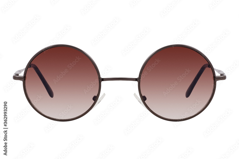 Round sunglasses with a black frame and brown gradient lenses isolated on white background.