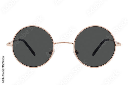 Obraz na płótnie Round sunglasses with a gold frame and black lenses isolated on white background. w salonie