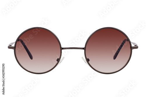 Round sunglasses with a black frame and brown gradient lenses isolated on white background.