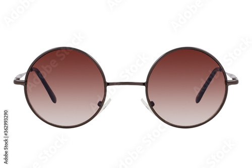 Obraz na płótnie Round sunglasses with a black frame and brown gradient lenses isolated on white background. w salonie