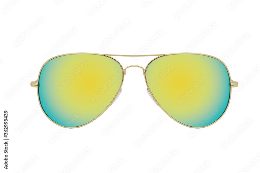 Sunglasses with a gold frame and yellow mirror lens isolated on white background.