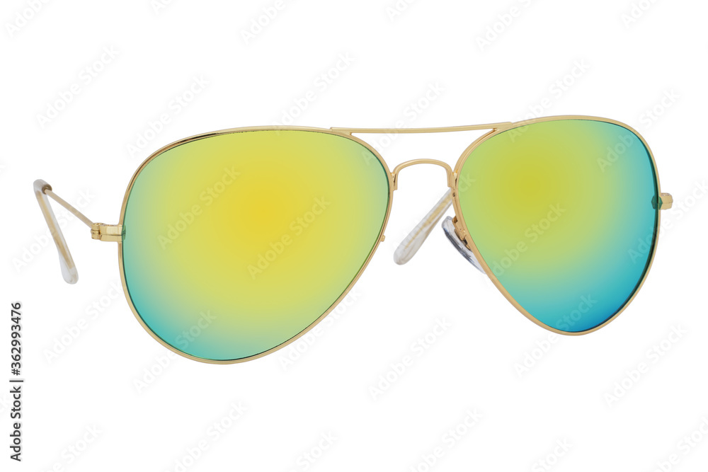 Sunglasses with a gold frame and yellow mirror lens isolated on white background.