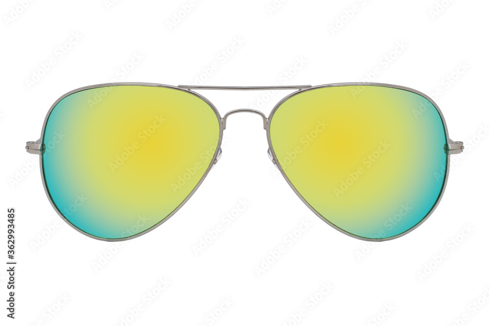 Sunglasses with a silver frame and yellow mirror lens isolated on white background.
