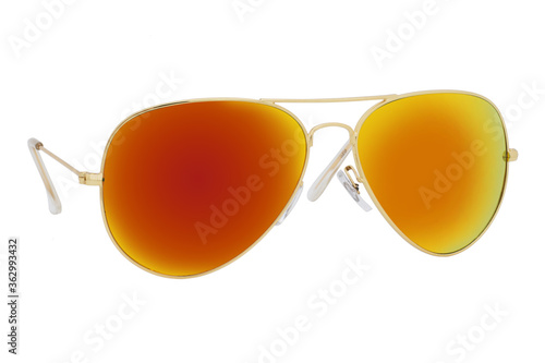 Gold sunglasses with red-orange mirror lens isolated on white background