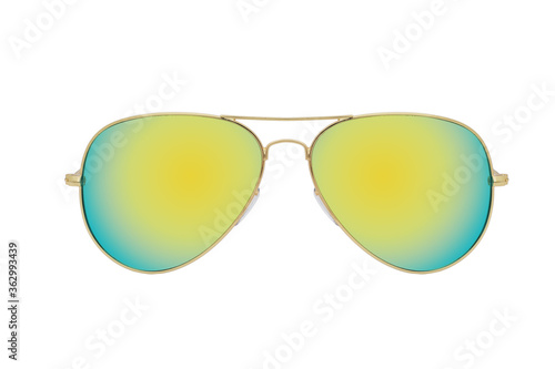 Sunglasses with a gold frame and yellow mirror lens isolated on white background.