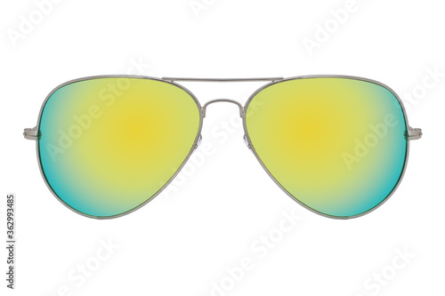 Sunglasses with a silver frame and yellow mirror lens isolated on white background.