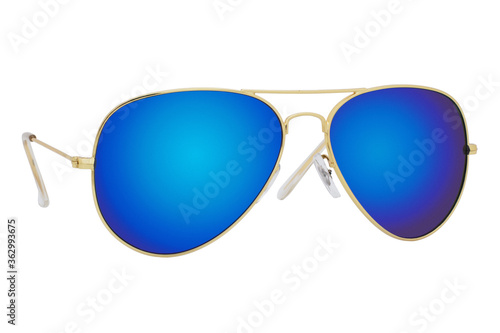 Sunglasses with a gold frame and blue mirror lens isolated on white background.
