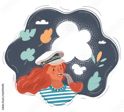 Vector illustration of happy young attractive woman wearing marine captain uniform and smoke tobaco pipe on dark background.