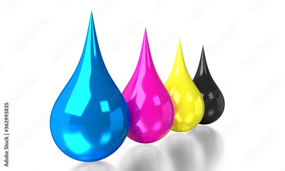 CMYK colors, drops - cyan, magenta, yellow, black - 3D illustration CMYK colors, drops - cyan, magenta, yellow, black - 3D illustration
