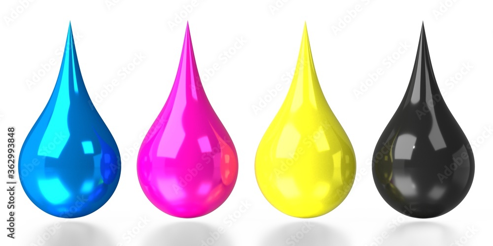 CMYK colors, drops - cyan, magenta, yellow, black - 3D illustration CMYK colors, drops - cyan, magenta, yellow, black - 3D illustration