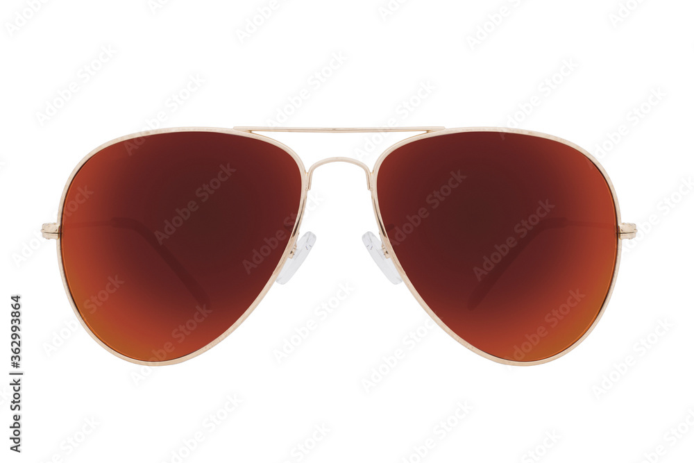 Sunglasses with a gold frame and brown lens isolated on white background.