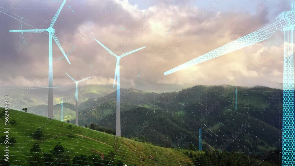 Futuristic Technology Concept. Aerial View of Wind Turbines Energy Production. Digital Network Over Ecology Safe Alternative Energy Source. Renewable energy production for green ecological world
