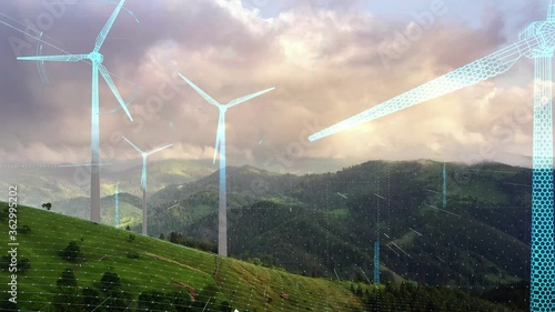Futuristic Technology Concept. Aerial View of Wind Turbines Energy Production. Digital Network Over Ecology Safe Alternative Energy Source. Renewable energy production for green ecological world
