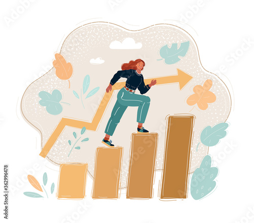 Vector illustration of successful businesswoman walking up a staircase. Woman step level by level.