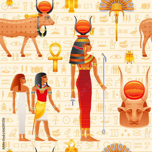 Ancient Egypt seamless pattern. Cow Hathor goddess. Old Pharaoh vector symbol background. Sky deity with sun, cow horns. God of music, dance, sex, beauty, love. Ancient Egypt art Historical wallpaper