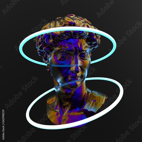 Bilde på lerret 3D rendering of Michelangelo's David head with glowing neon ring