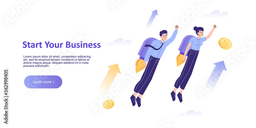 Starting New Business concept. Business woman flying up with a jet pack. Startup and boosting successful business. Landing page template. Homepage design. Modern vector illustration for web banner