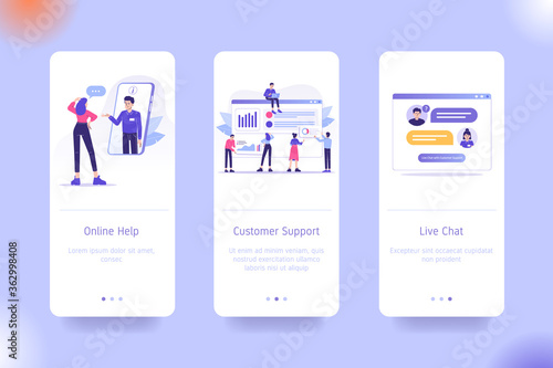 Application design set for Online Help, Customer Support and Live Chat. UI on boarding screens design. Mobile app template. Modern vector illustrations for user interface