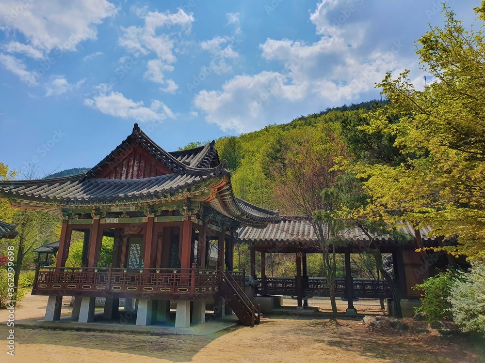 Obraz premium Traditional Korean building near a forested mountain