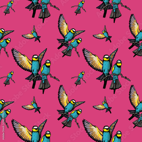 tropical birds seamless pattern pink background