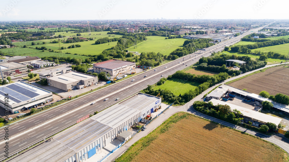 Busy motorway, aerial photo taken with a drone