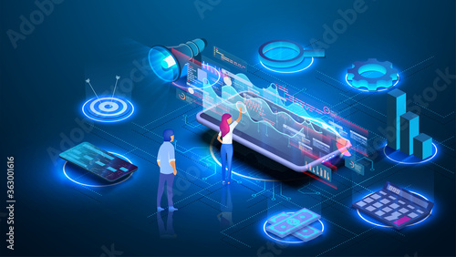 Auditing, business analysis concept with characters. Concept of opportunities. Modern Flat Isometric designed concept icons for Data Analysis, Strategy, Investment and Accounting. Vector illustration