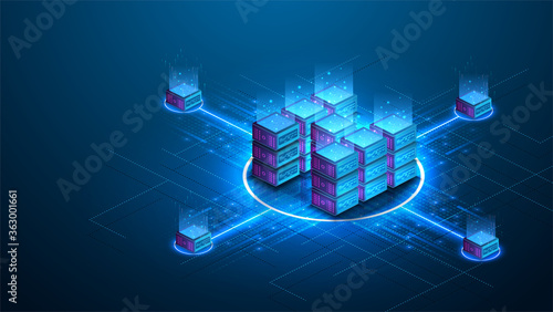 Isometric futuristic Hosting server. Abstract datacenter or blockchain background. 3D Digital background. Server farm communication with internet. Computer storage, farming workstation. Vector photo