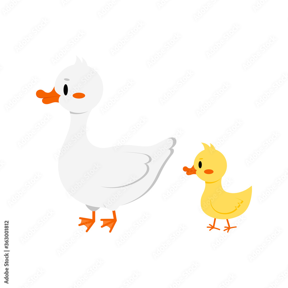 White goose with gosling icon isolated on white background. Funny domestic goose - farm poultry bird. Flat design cartoon style vector illustration. White goose with gosling icon isolated on white background. Funny domestic goose - farm poultry bird. Flat design cartoon style vector illustration.