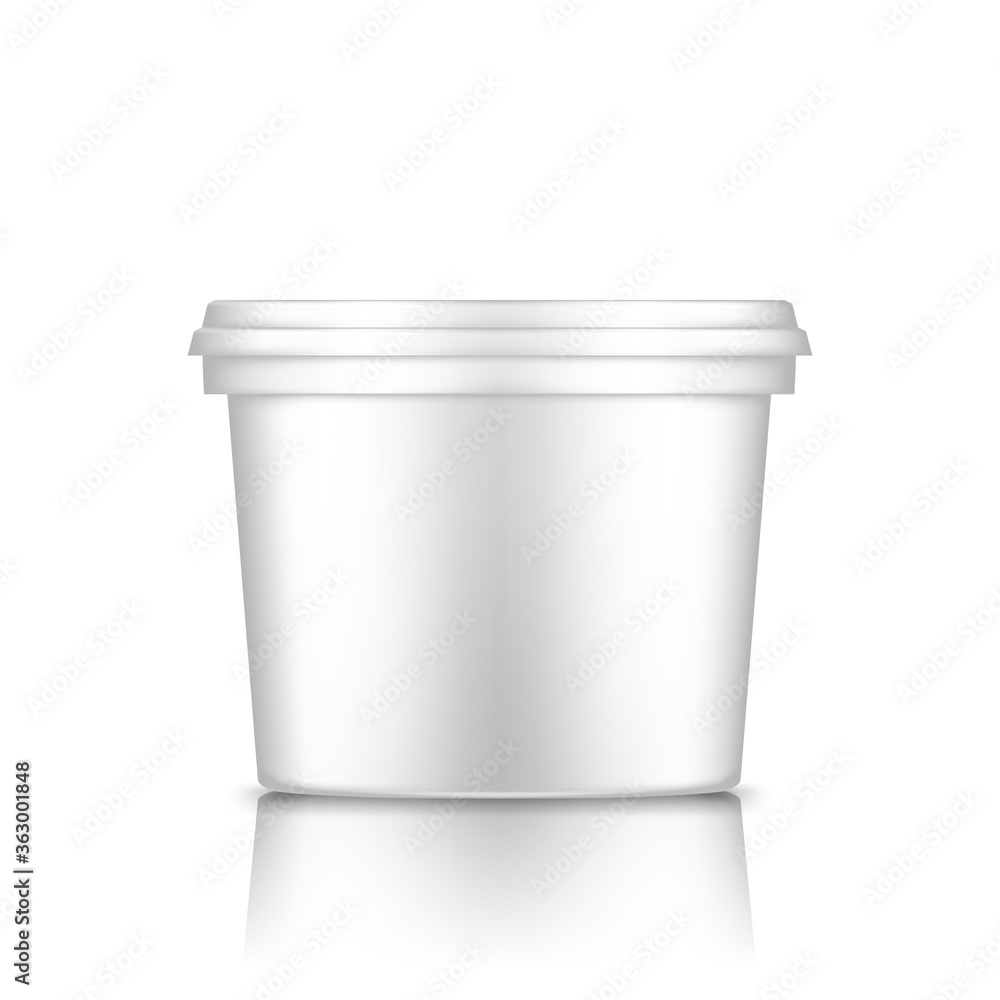 White bucket with cap mockup isolated from background: ice cream, yoghurt, mayo, paint, or putty container. Plastic package design. Blank food or decor product template. 3d vector illustration White bucket with cap mockup isolated from background: ice cream, yoghurt, mayo, paint, or putty container. Plastic package design. Blank food or decor product template. 3d vector illustration