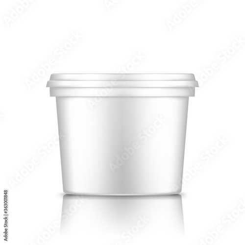 White bucket with cap mockup isolated from background: ice cream, yoghurt, mayo, paint, or putty container. Plastic package design. Blank food or decor product template. 3d vector illustration