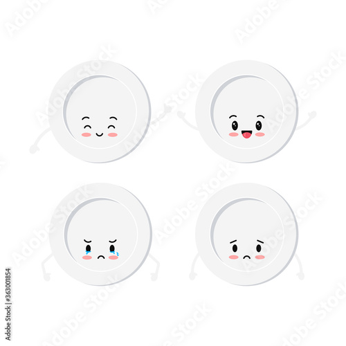 White plate emoji set isolated on a white background. Top view ceramic serving plate emoticons. Vector flat design cartoon kawaii style illustration.