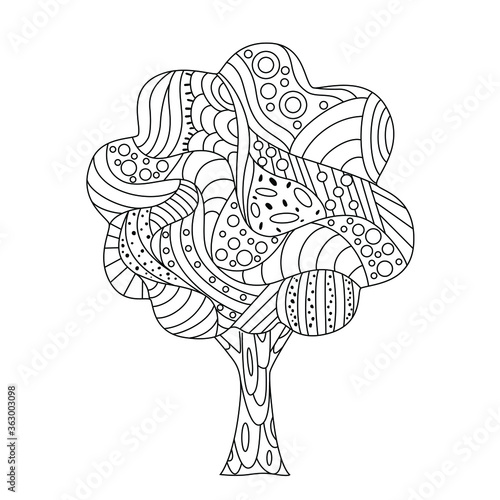 Fantasy fairy tale tree with an ornament. Children's coloring book. Cute vector illustration.