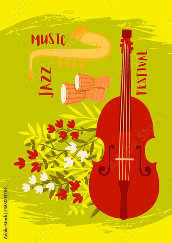 Various musical instruments such as violoncello, djembe and saxophone on a background of flowers. Vector illustration