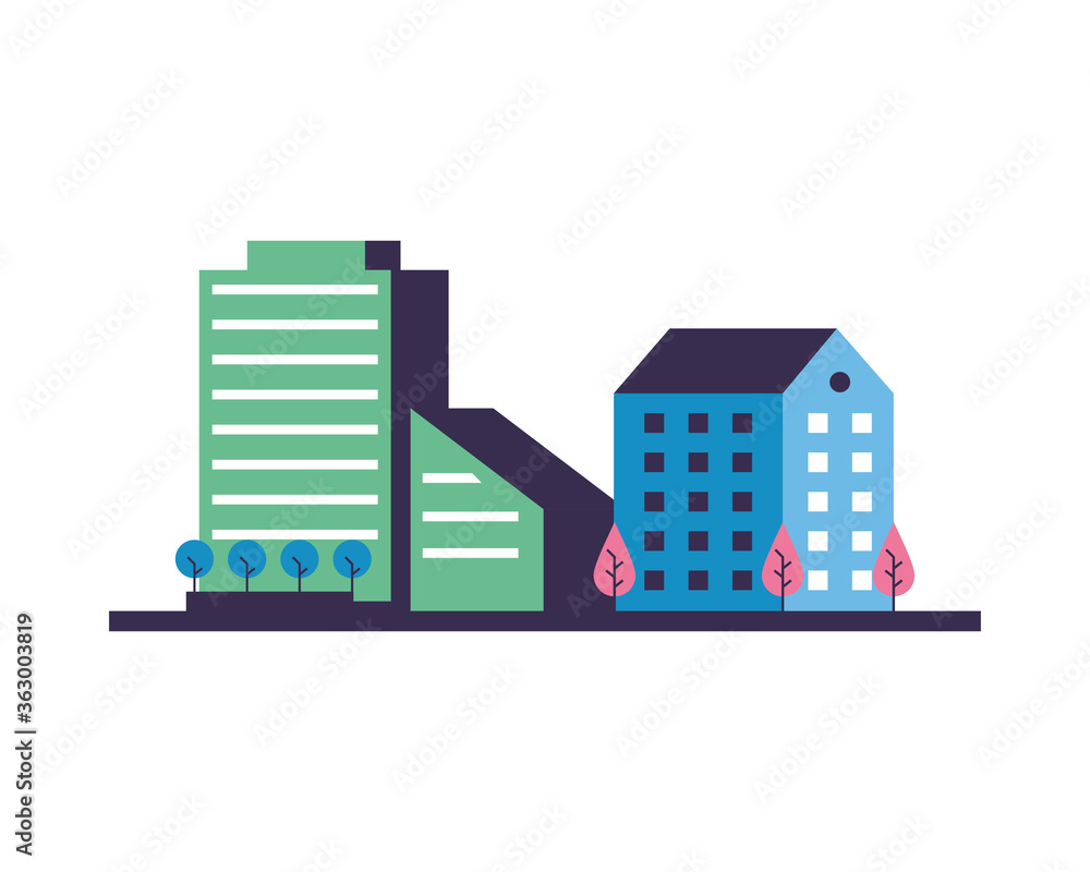 buildings constructions with trees city scene buildings constructions with trees city scene