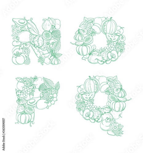 Letters N, O, P, Q pattern logo farm fresh fruits and vegetables