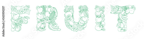 Lettering FRUIT pattern logo of groceries farm fresh fruits and vegetables.