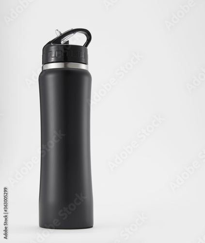 Full length black aluminium waterbottle. Isolated on white background.