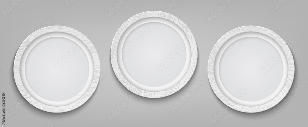 Three realistic circle white photo frame isolated on transparent background. Vector illustration.