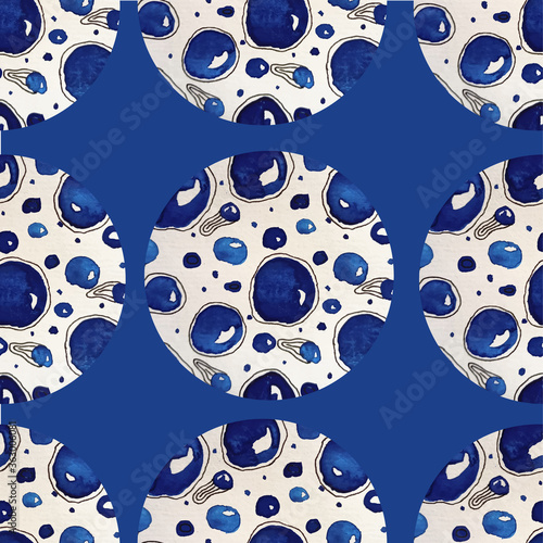  Abstract  circles blue background . Abstract circles blue hand drawn seamless pattern.