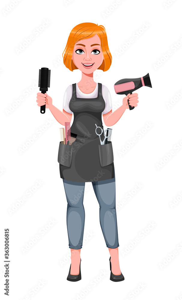 Cute woman barber. Female hairstylist Cute woman barber. Female hairstylist