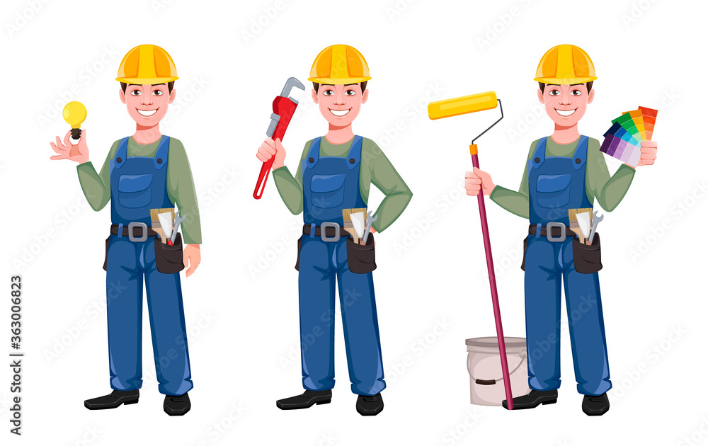 Builder cartoon character, set of three poses Builder cartoon character, set of three poses