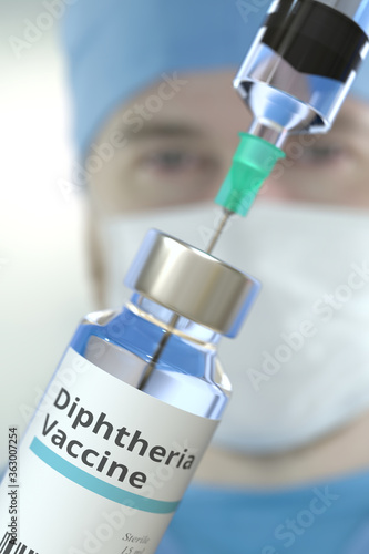 Vial with diphtheria vaccine and syringe against blurred doctor's face. 3D rendering photo