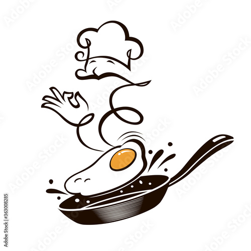 cooking process of fried egg on pan isolated on white background