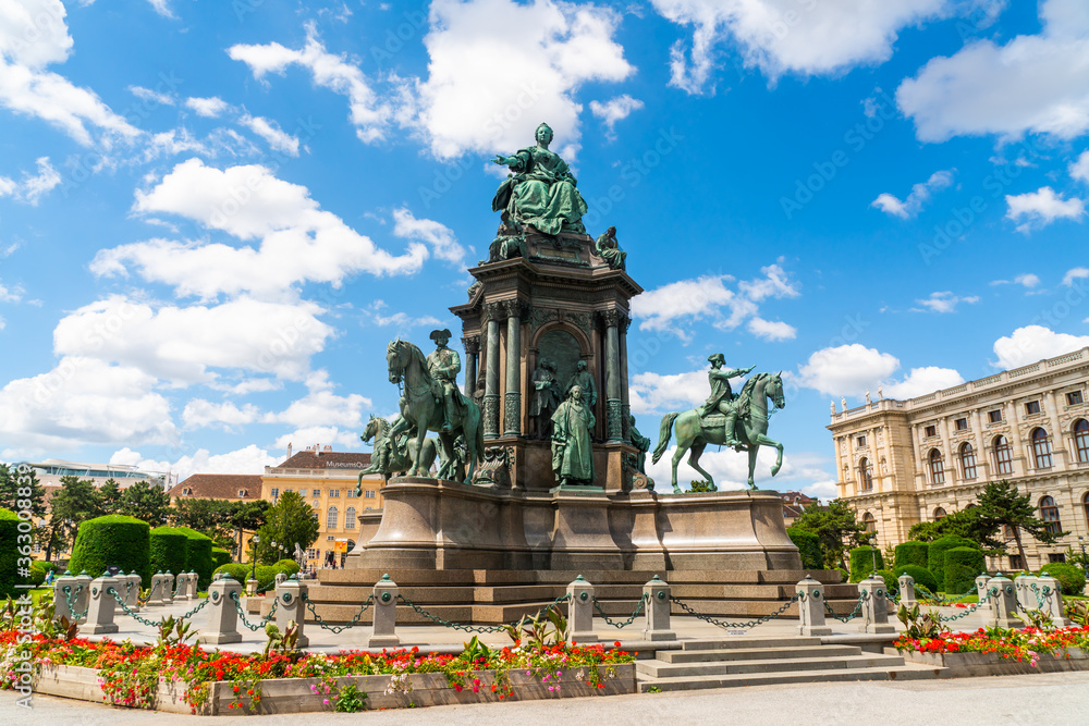 Vienna, Austria - june 24th 2020 - Maria Theresian Platz (square) with several statues inbetween museums during Corona time on a sunny day Vienna, Austria - june 24th 2020 - Maria Theresian Platz (square) with several statues inbetween museums during Corona time on a sunny day