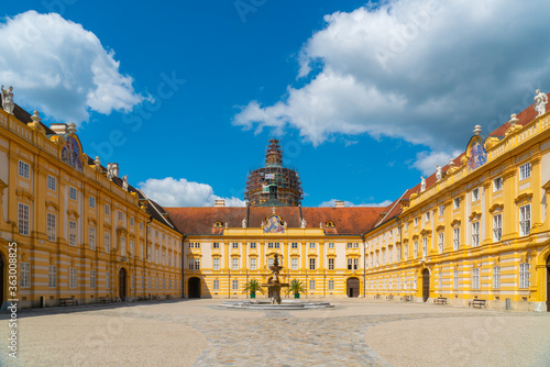 Melk, Austria - june 22th 2020 - The first square of the abby of Melk standing on a high mountain in nice sunny weather