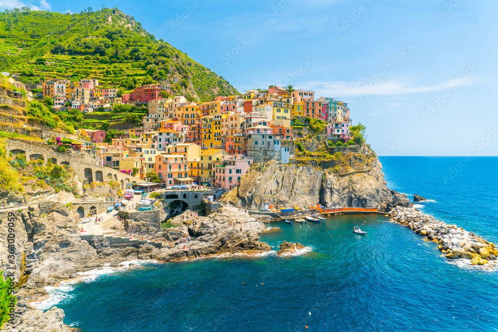 Cinque Terre, Italy - july 1st 2020 - Overview of the very quiet village Manarola due to Corona, one of the towns known as Cinque Terre