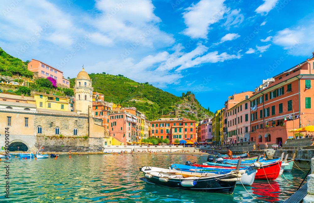 Cinque Terre, Italy - july 1st 2020 - Overview of the very quiet village Vernazza due to Corona, one of the towns known as Cinque Terre