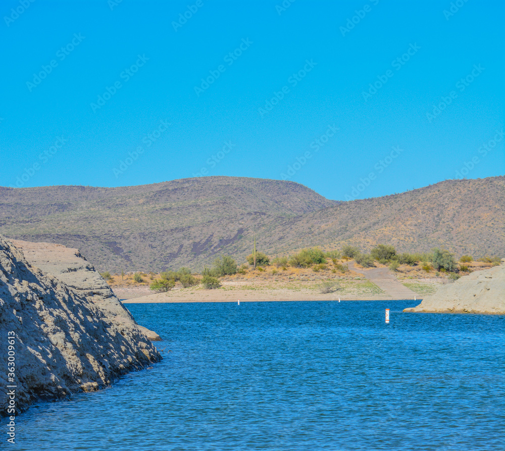 View of Lake Pleasant in Lake Pleasant Regional Park, Sonoran Desert, Arizona USA View of Lake Pleasant in Lake Pleasant Regional Park, Sonoran Desert, Arizona USA