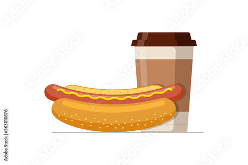 Fast food hot dog and disposable paper coffee cup. Hotdog sausage in bread bun with hot beverage. Fast food vector isolated flat eps illustration