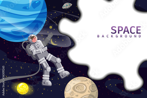 Space background card with spaceman, planet, sun, UFO, stars. Austronaut panoramic space template